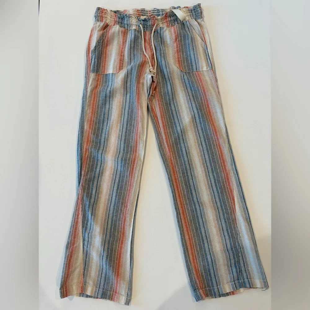 April Kiss Smocked Waist Boho Linen Cotton Blend Large Beach Pants Blue Orange - Picture 1 of 14